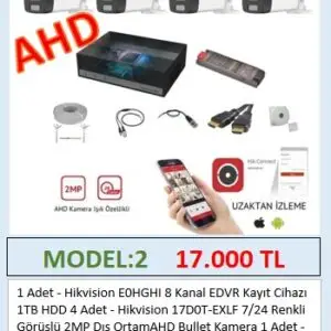 Hikvision 4 Kameralı 7/24 Renkli Görüşlü Ahd Güvenlik Kamerası Seti - 40 Metre