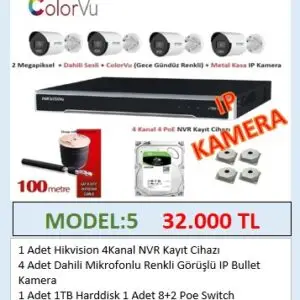 Hikvision 2mp Mikrofonlu 4 Kameralı Colorvu Gece Renkli Görüntü Ip Kamera Seti