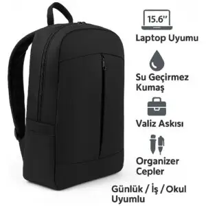 Fashion 15.6" Notebook Bilgisayar Laptop Sırt Çantası Su Geçirmez Kumaş ve Fermuarlı Siyah