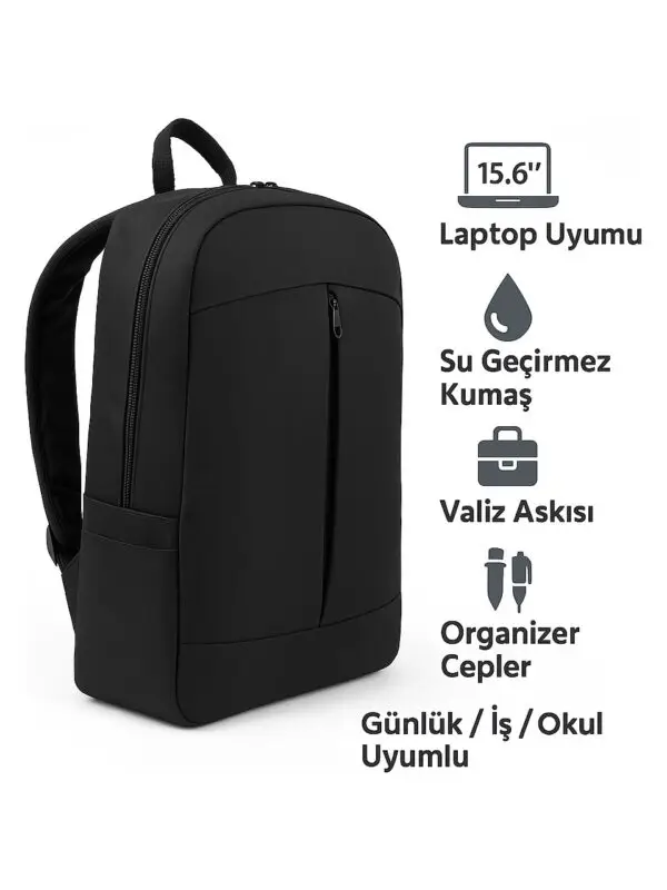 Fashion 15.6" Notebook Bilgisayar Laptop Sırt Çantası Su Geçirmez Kumaş ve Fermuarlı Siyah