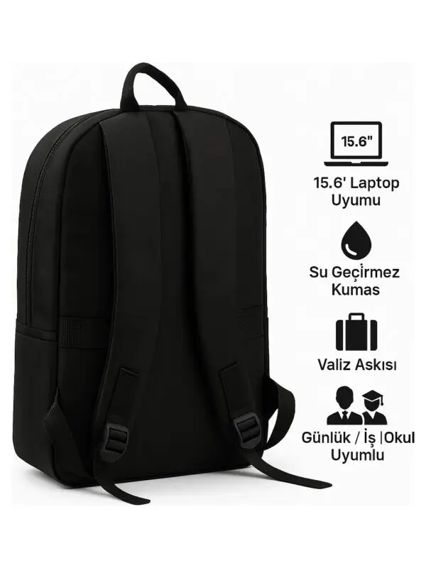 Fashion 15.6" Notebook Bilgisayar Laptop Sırt Çantası Su Geçirmez Kumaş ve Fermuarlı Siyah - Görsel 2
