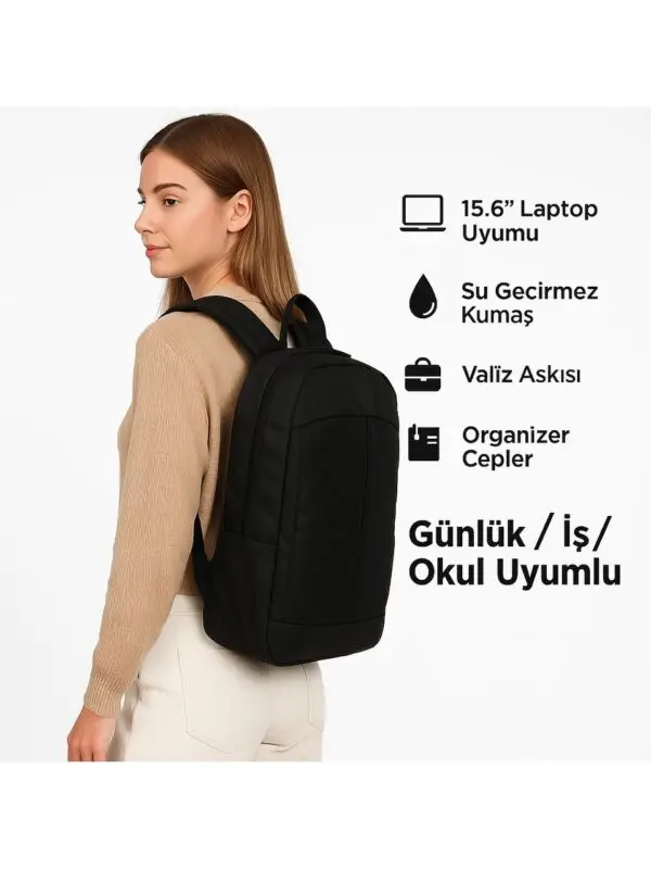 Fashion 15.6" Notebook Bilgisayar Laptop Sırt Çantası Su Geçirmez Kumaş ve Fermuarlı Siyah - Görsel 3